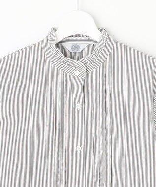 J.PRESS LADIES 【洗える】BEZ C/Ny ドビーストライプ フリルネック ブラウス ネイビー系1