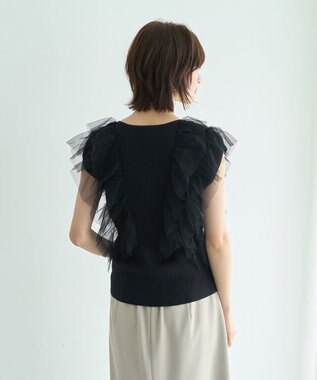 YECCA VECCA チュールラッフルノースリーブカーディガン Black