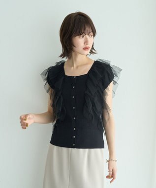 YECCA VECCA チュールラッフルノースリーブカーディガン Black