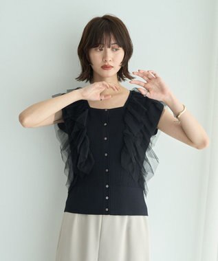 YECCA VECCA チュールラッフルノースリーブカーディガン Black