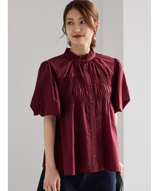 Te chichi スタンドフリル5分袖シャーリングブラウス ボルドー