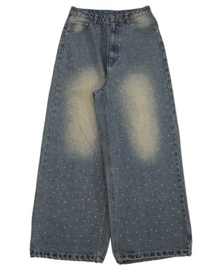 WEGO 【ユニセックス着用ITEM】スーパーバギーラインストーンデニムパンツ デニム中濃加工色