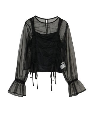 Green Parks ・ＥＬＥＮＣＡＲＥ　ＤＵＥ　チュールギャザーブラウス Black