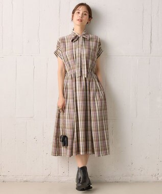 組曲 【リボンタイ付き】シアーツイルチェック ワンピース ベージュ系3