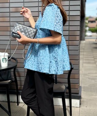 Green Parks パフスリーブジャガードペプラムブラウス Sax