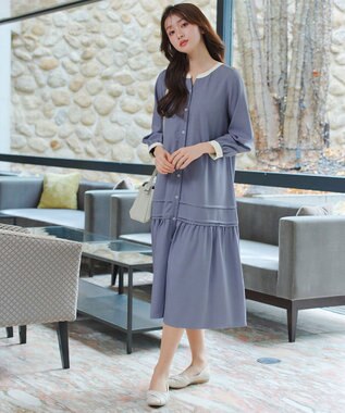 Tiaclasse L ピンタックギャザークレリックシャツワンピース ブルー