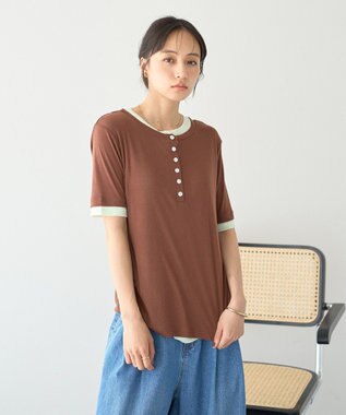 earth music&ecology シアーレイヤード風5分袖プルオーバー Brown