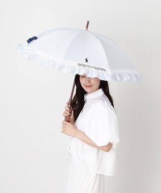 MOONBAT 【遮光/晴雨兼用日傘】POLO RALPH LAUREN(ポロ ラルフローレン) ストライプフリル 長傘 遮熱 UV スカイブルー