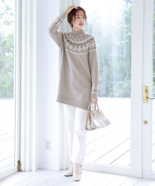 Tiaclasse L 【洗える】ノルディック柄ニットチュニック ベージュ