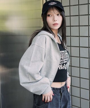 WEGO ショートZIPパーカー 杢グレー