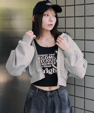 WEGO ショートZIPパーカー 杢グレー