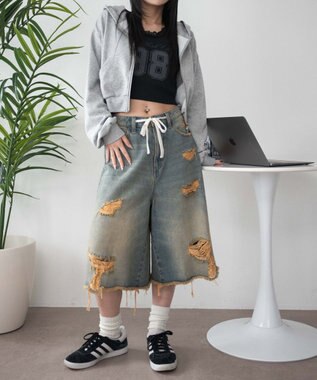 WEGO 【SMサイズ展開】ヴィンテージウォッシュダメージバギーハーフパンツ デニム淡加工色