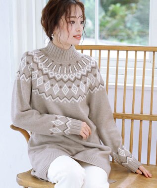 Tiaclasse L 【洗える】ノルディック柄ニットチュニック ベージュ