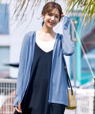 Tiaclasse 【洗える】UVケア機能付きサマーニットロングジップパーカー サックス