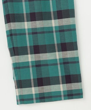 自由区 コットンリネンチェックワイドストレート パンツ グリーン×ネイビー系