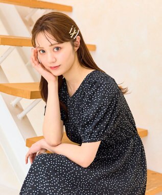 Feroux 【洗える】ギャザーデザインパフスリーブワンピース ドット系