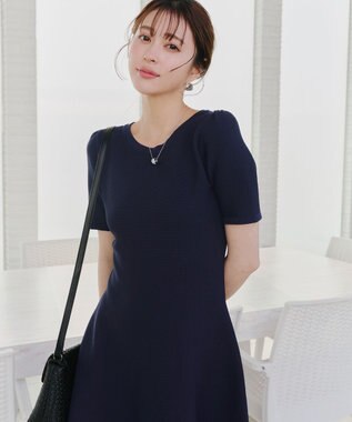 Tiaclasse 【洗える】クルーネック半袖ニットフレアワンピース ネイビー