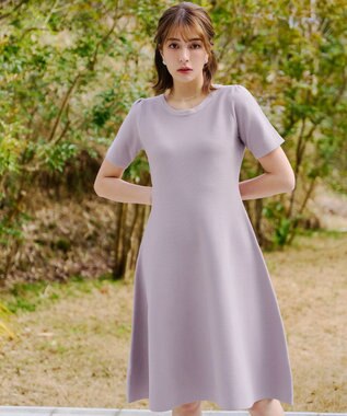 Tiaclasse 【洗える】クルーネック半袖ニットフレアワンピース ラベンダー