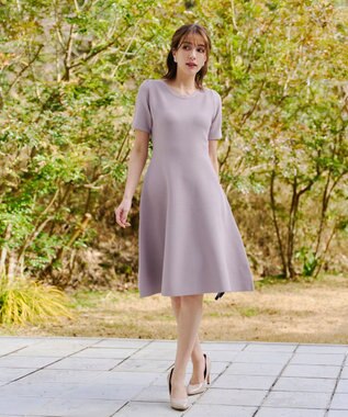 Tiaclasse 【洗える】クルーネック半袖ニットフレアワンピース ラベンダー