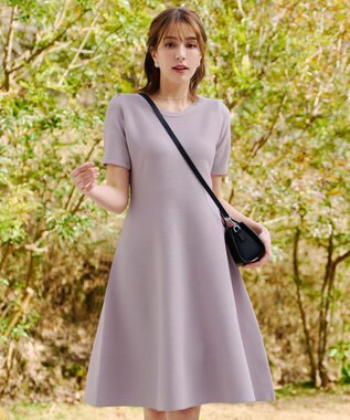 Tiaclasse 【洗える】クルーネック半袖ニットフレアワンピース ラベンダー