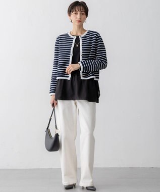 23区 【Oggi3月号掲載/洗える】ブークレコットン ニットジャケット ネイビー×オフ