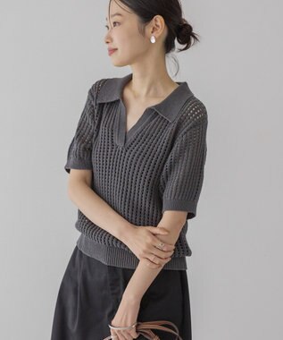 AMERICAN HOLIC 衿付きメッシュ編み半袖ニットプルオーバー Charcoal Gray