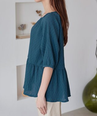 Tiaclasse 【洗える】楊柳ドットギャザーブラウス ターコイズ