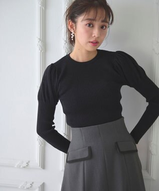 Feroux 【洗える】パフスリーブラメ ニット ブラック系