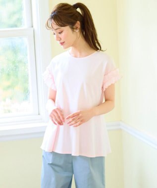 Feroux 【汗ジミが目立たない】フリル袖ペプラムデザインTシャツ ピンク系