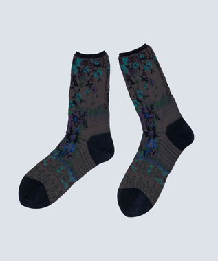 COQ antigua flower ラメ花柄ソックス チャコールグレー