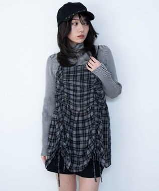 WEGO ドロストデザインキャミワンピース ブラックチェック1