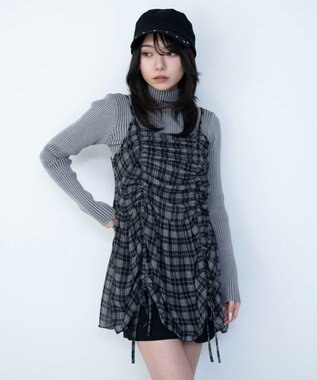 WEGO ドロストデザインキャミワンピース ブラックチェック1