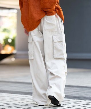 WEGO 【ウエストゴム/MLサイズ展開】イージーコーデュロイカーゴパンツ ライトベージュ