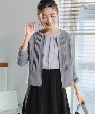 Tiaclasse 【小倉優子さん着用】【洗える】ピンタックノーカラージャケット グレー