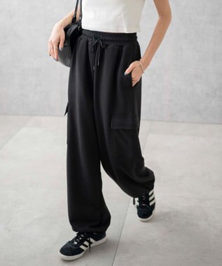WEGO 【ウエストゴム】スウェットカーゴパンツ ブラック