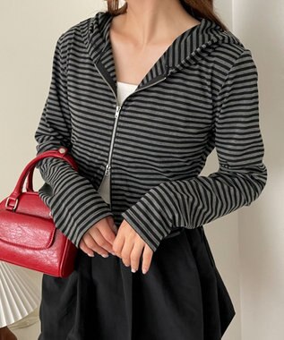 WEGO 柄Wジップパーカー グレーボーダー