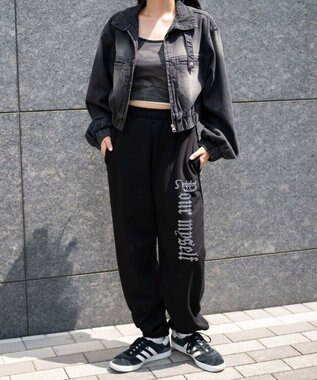 WEGO 【ウエストゴム】ラインストーンロゴスウェットパンツ ブラック