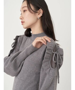 earth music&ecology 袖シアーフリルニットワンピース Gray