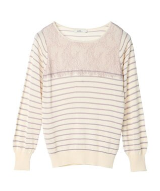 earth music&ecology レースボーダーニットプルオーバー Pink Beige