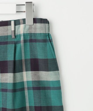 自由区 コットンリネンチェックワイドストレート パンツ グリーン×ネイビー系