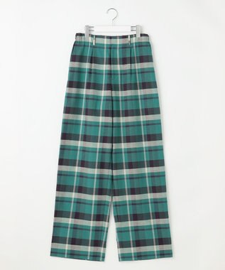自由区 コットンリネンチェックワイドストレート パンツ グリーン×ネイビー系