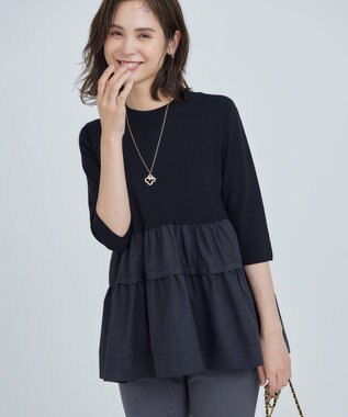 組曲 【UVケア・接触冷感・六分袖】ブラウスコンビ ティアードニット ブラック系