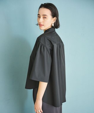 #Newans 【洗濯機可能/シワになりにくい】〈お尻・太ももをカバー〉フレアスリーブイタリアンカラーシャツ ブラック