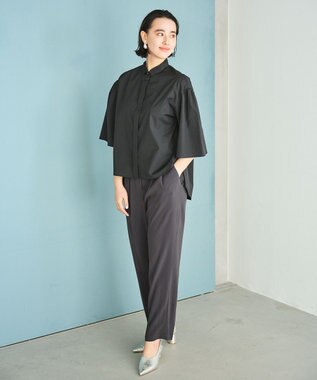 #Newans 【洗濯機可能/シワになりにくい】〈お尻・太ももをカバー〉フレアスリーブイタリアンカラーシャツ ブラック