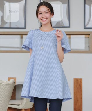 Tiaclasse L 【小倉優子さん着用・選べる袖TYPE・洗える】バックフレアチュニック 新色 半袖サックスストライプ