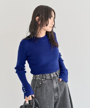 Green Parks もちやわ袖口釦リブニットプルオーバー Blue