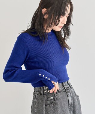 Green Parks もちやわ袖口釦リブニットプルオーバー Blue