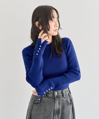 Green Parks もちやわ袖口釦リブニットプルオーバー Blue