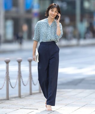 ICB 【WEB限定カラーあり・洗える】Back Satin Amunzen キーネックブラウス ライトグリーン系柄