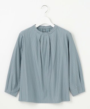 J.PRESS LADIES ストライプジャージー モックネック カットソー グレイッシュグリーン系